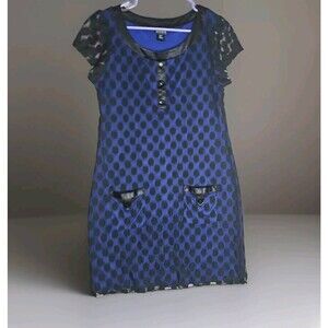 Enfocus Studio Blue Dress Women Size 12 Black Polka Dot Mesh Layer w Pockets